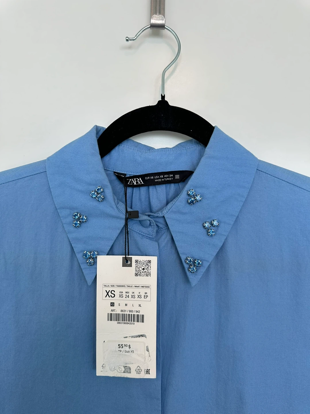 ZARA Blue Embellished Collar Button-Up Shirt - XS