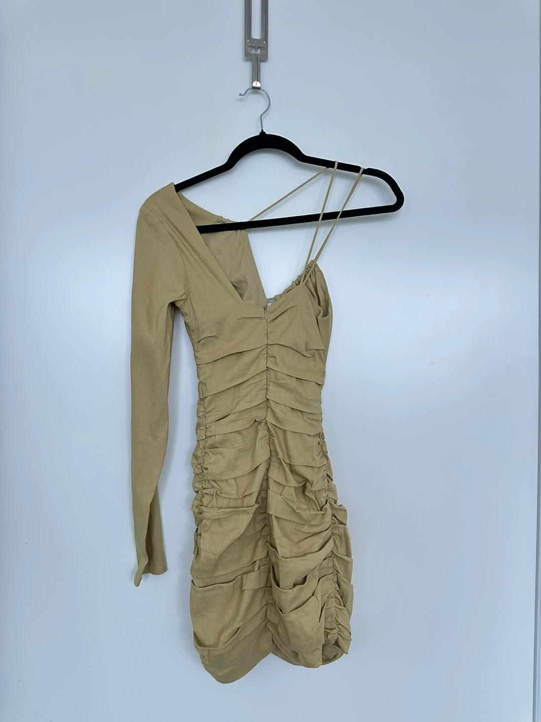 ZARA Asymmetrical Ruched Mini Dress XS Tan - photo 2