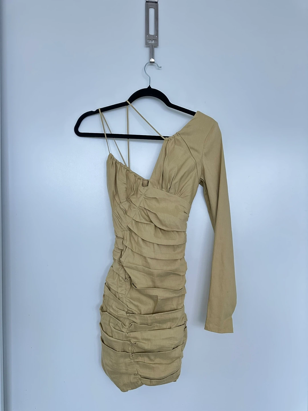 ZARA Asymmetrical Ruched Mini Dress XS Tan - photo 3
