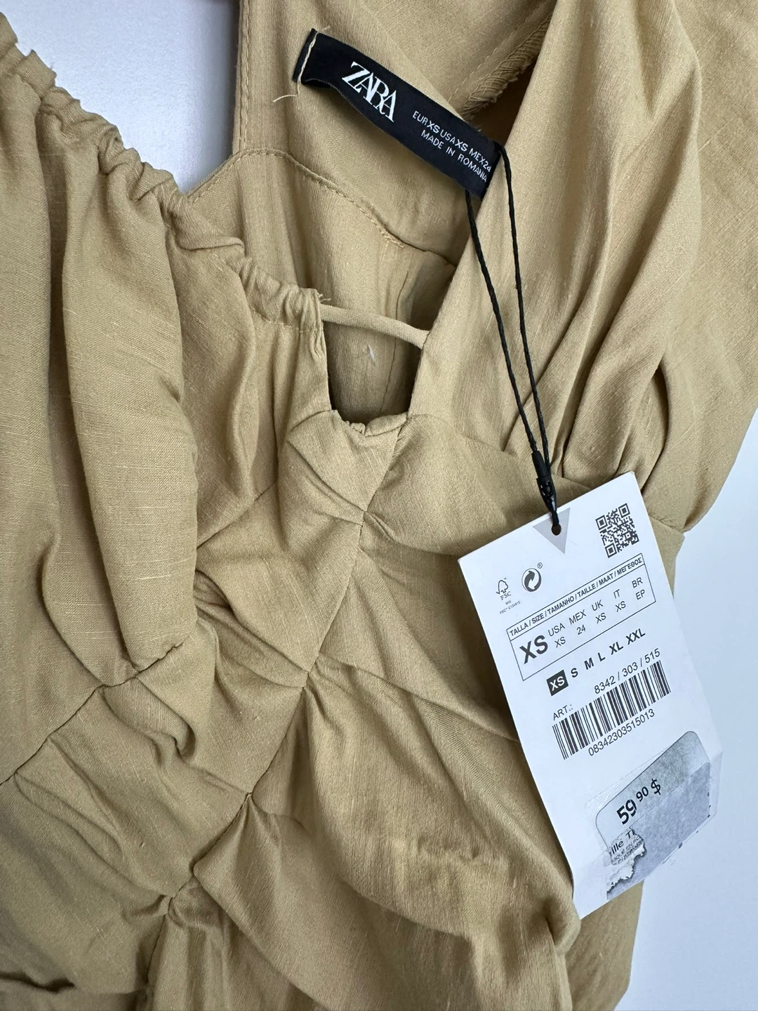 ZARA Asymmetrical Ruched Mini Dress XS Tan