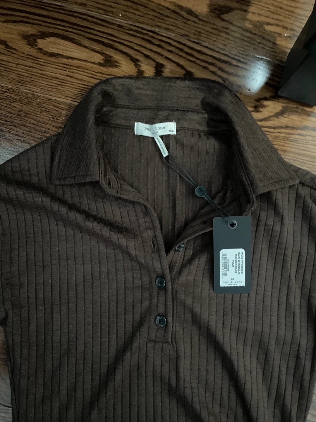 Rag & Bone Ribbed Long Sleeve Polo Shirt - XS - Dark Chocolate - photo 2