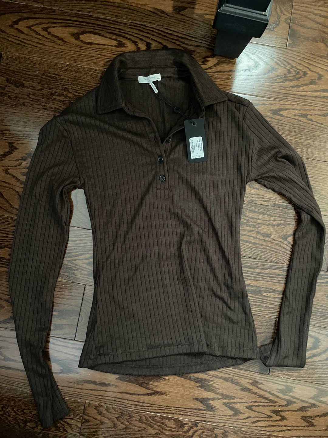 Rag & Bone Ribbed Long Sleeve Polo Shirt - XS - Dark Chocolate