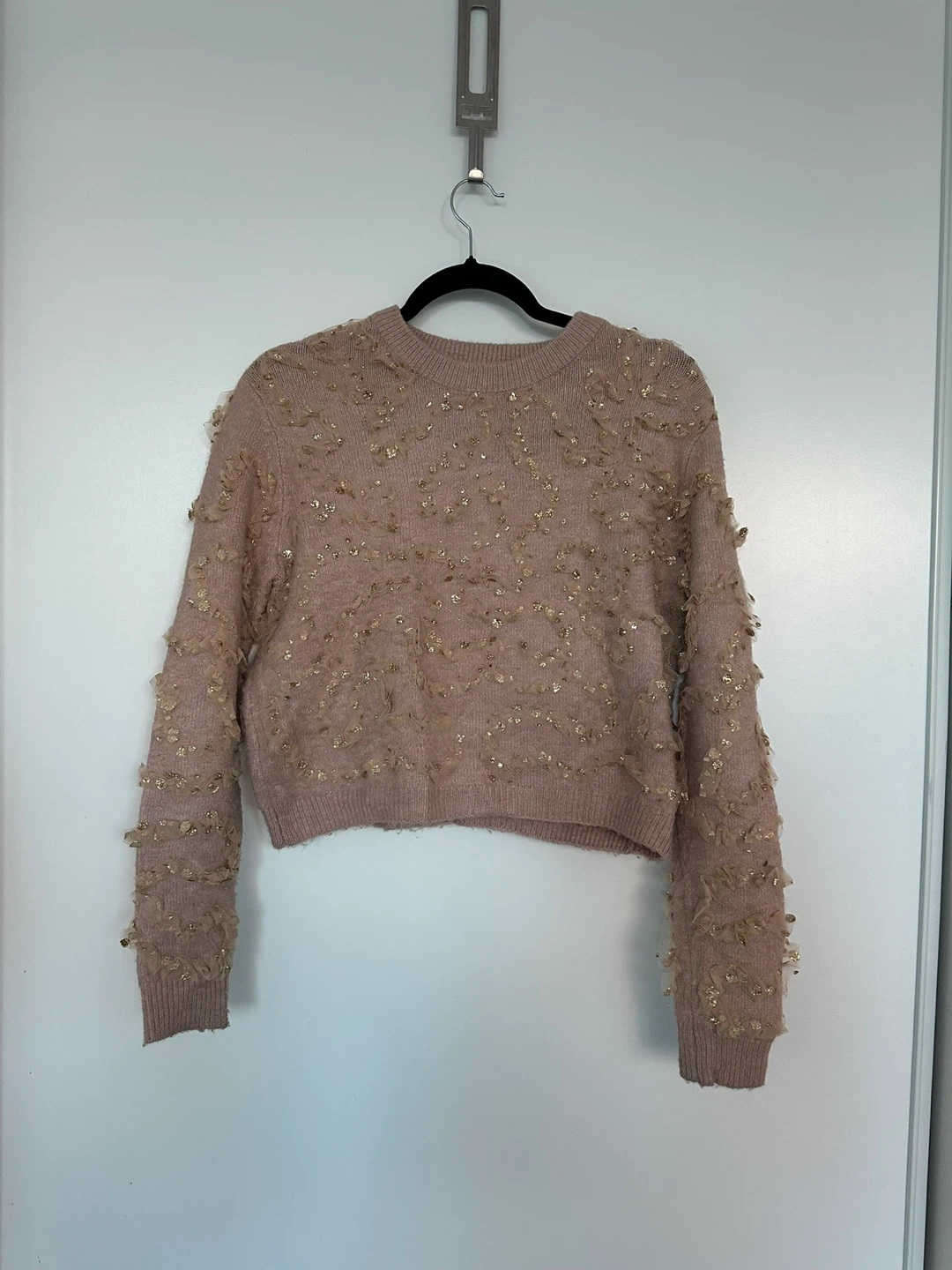 ZARA Pink Sequin Tulle Embellished Knit Sweater Size S