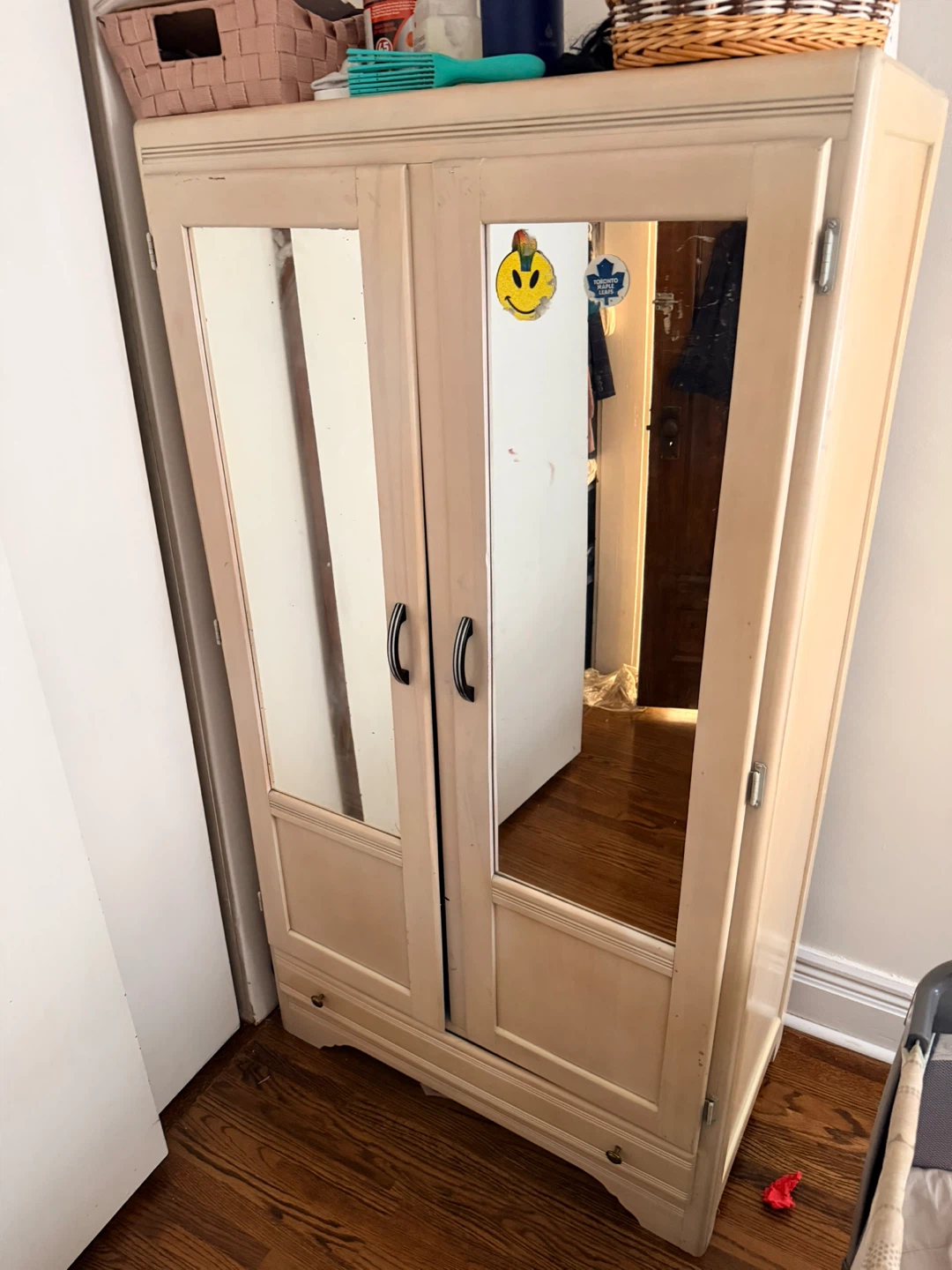 Light Wood Armoire with Mirrored Doors