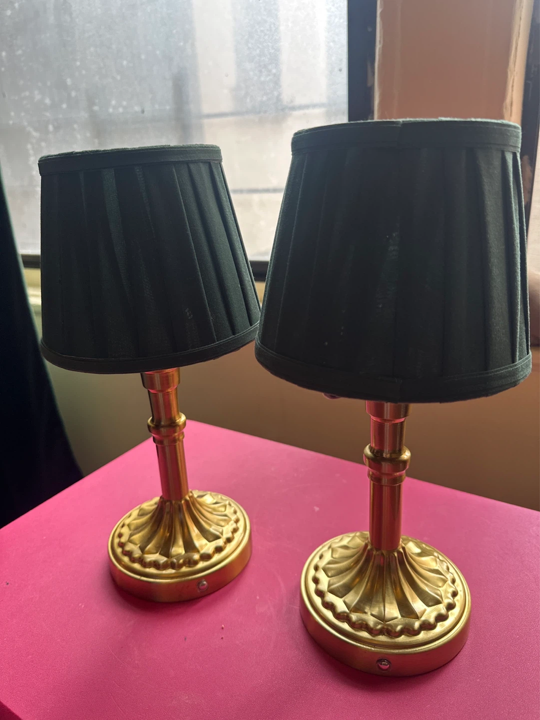 Set of 2 Vintage Brass Table Lamps with Dark Green Shades