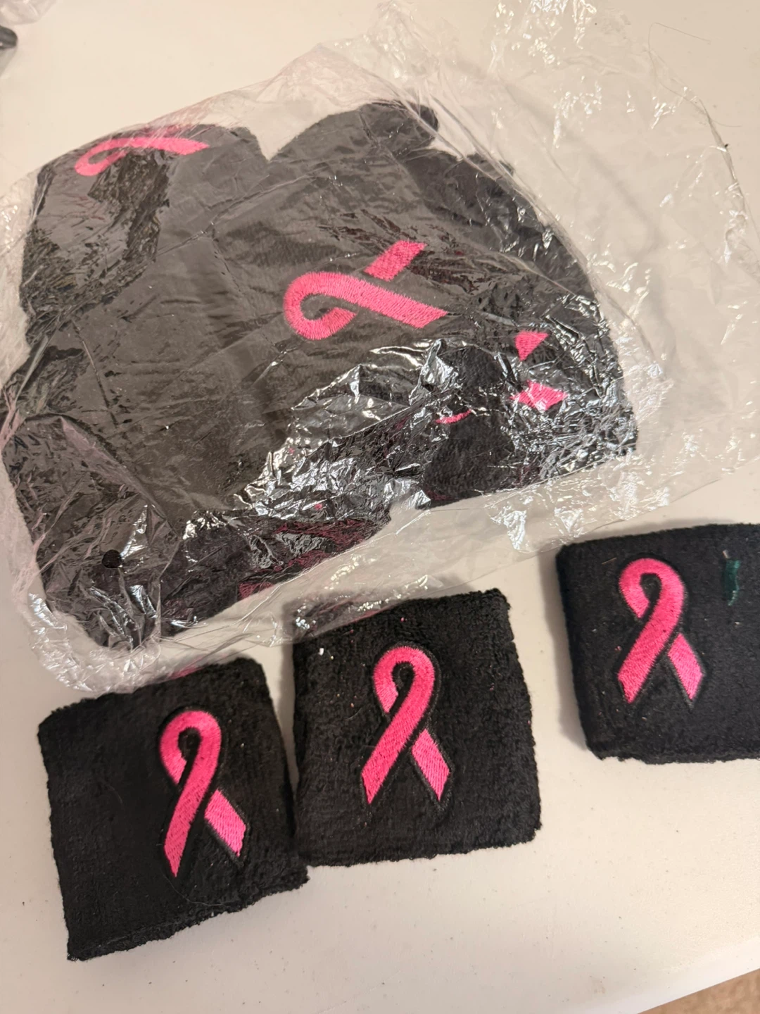 24 Black Wristbands with Pink Ribbon