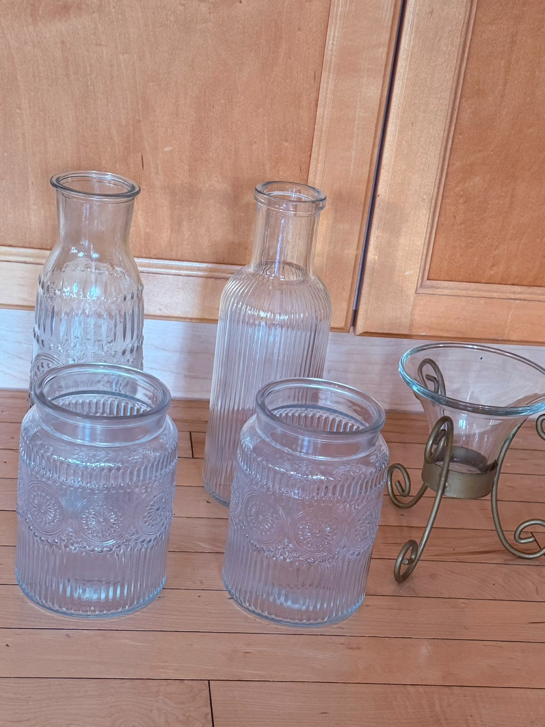 Set of 4 Clear Embossed Glass Vases and Candle Holder