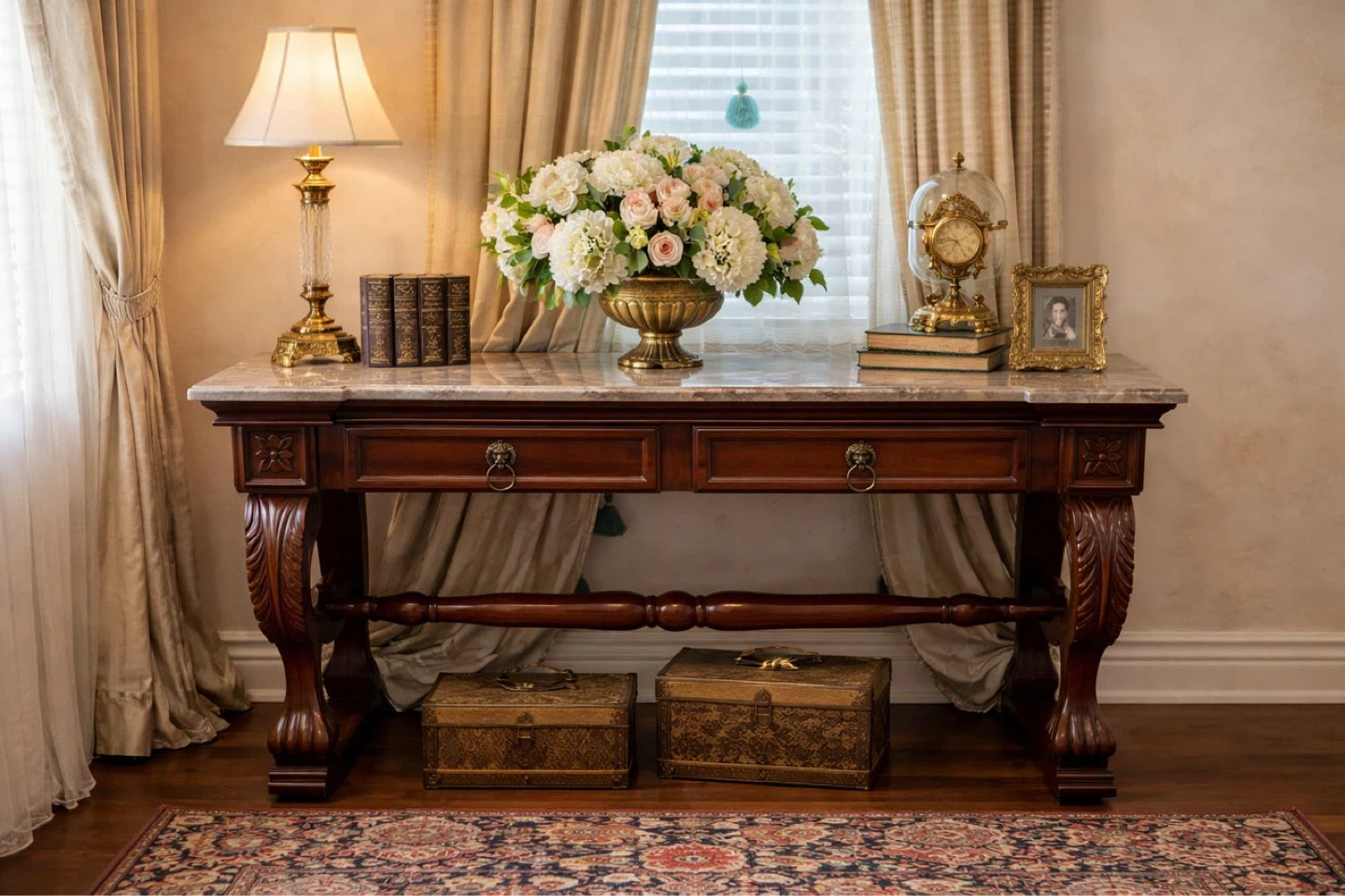 Antique Wooden Console Table with Marble Top