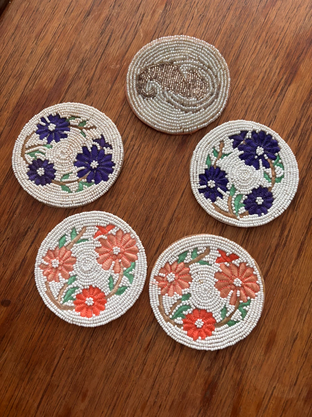 Set of 5 Beaded Coasters with Floral and Animal Designs
