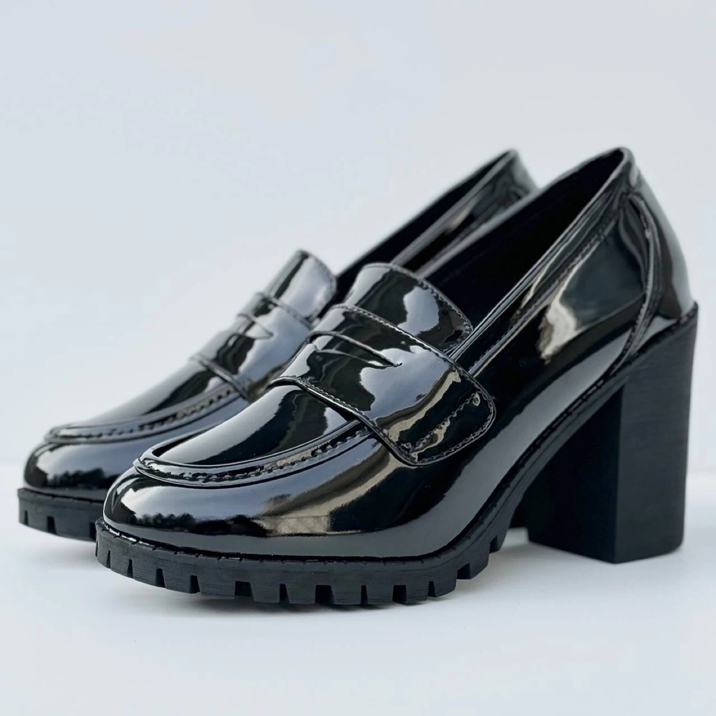 Black Patent Chunky Heel Loafers - photo 2