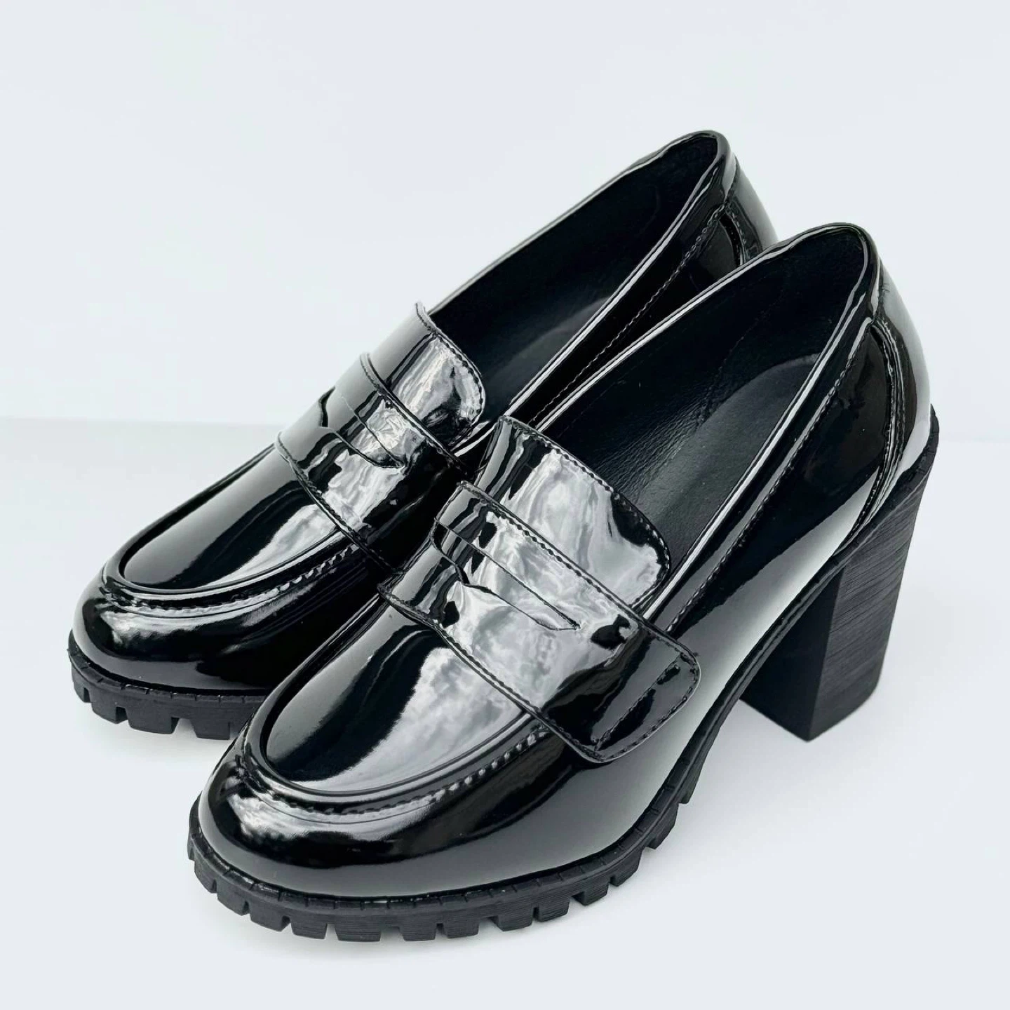Black Patent Chunky Heel Loafers - photo 4