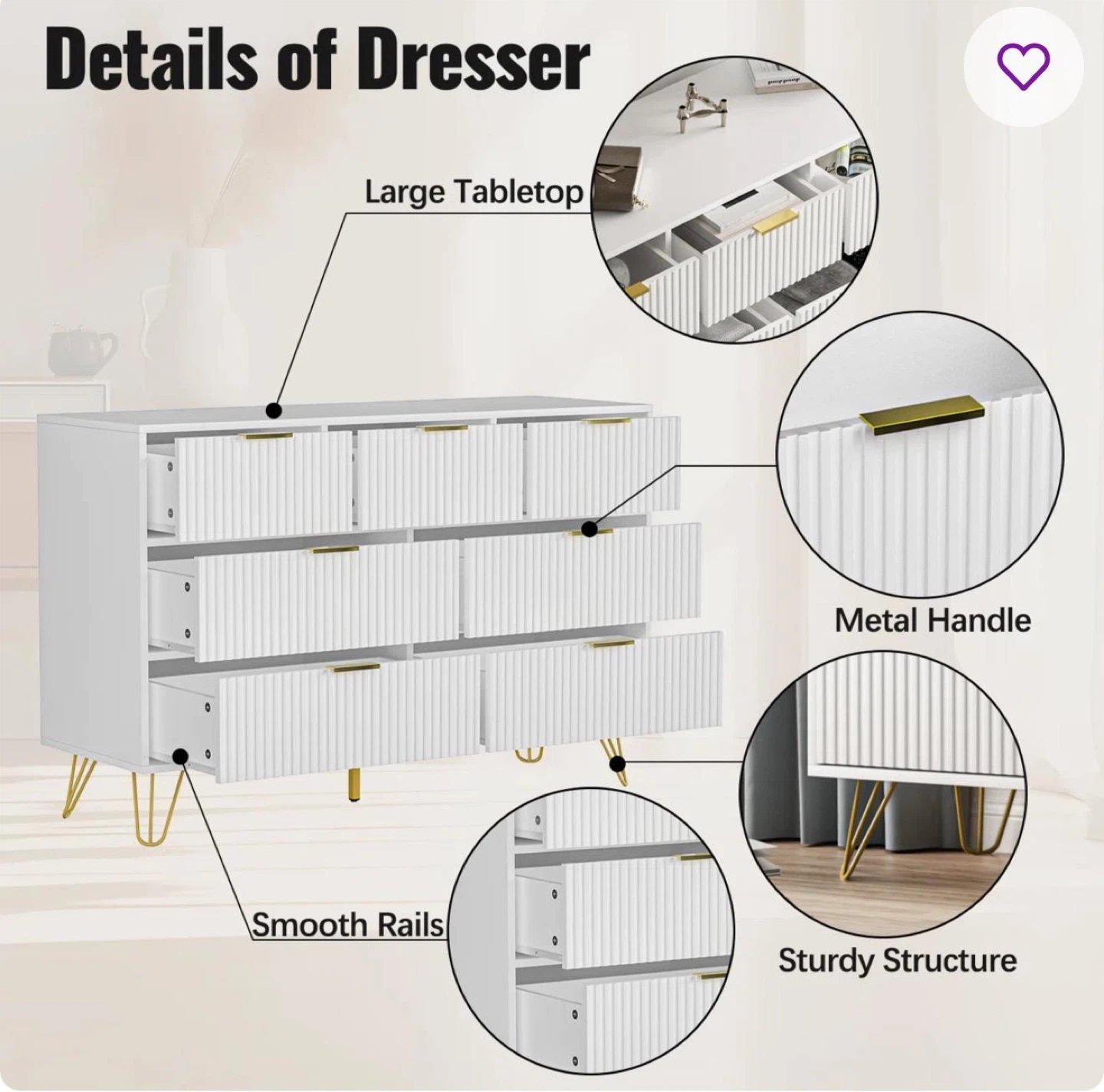 White 7-Drawer Dresser with Gold Legs - photo 4