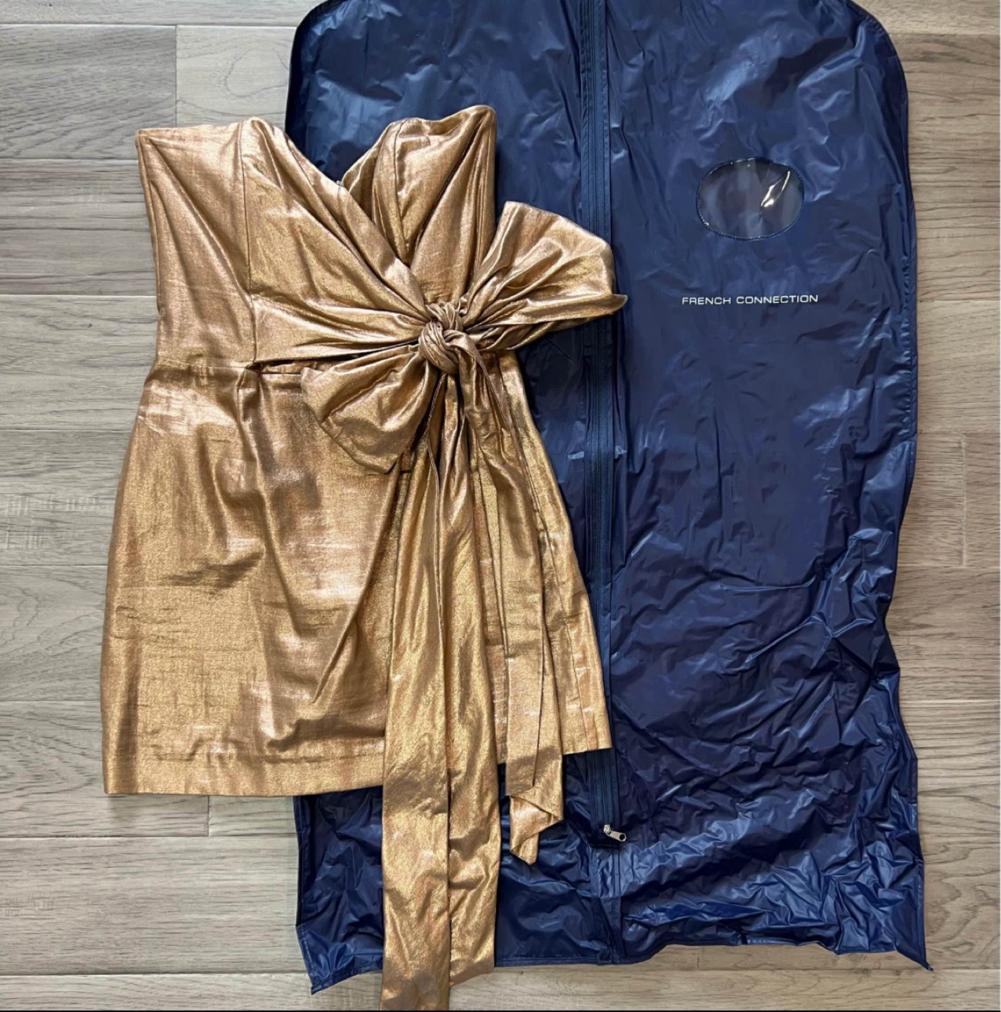 French connection size 4 Gold Strapless Mini Dress with Bow