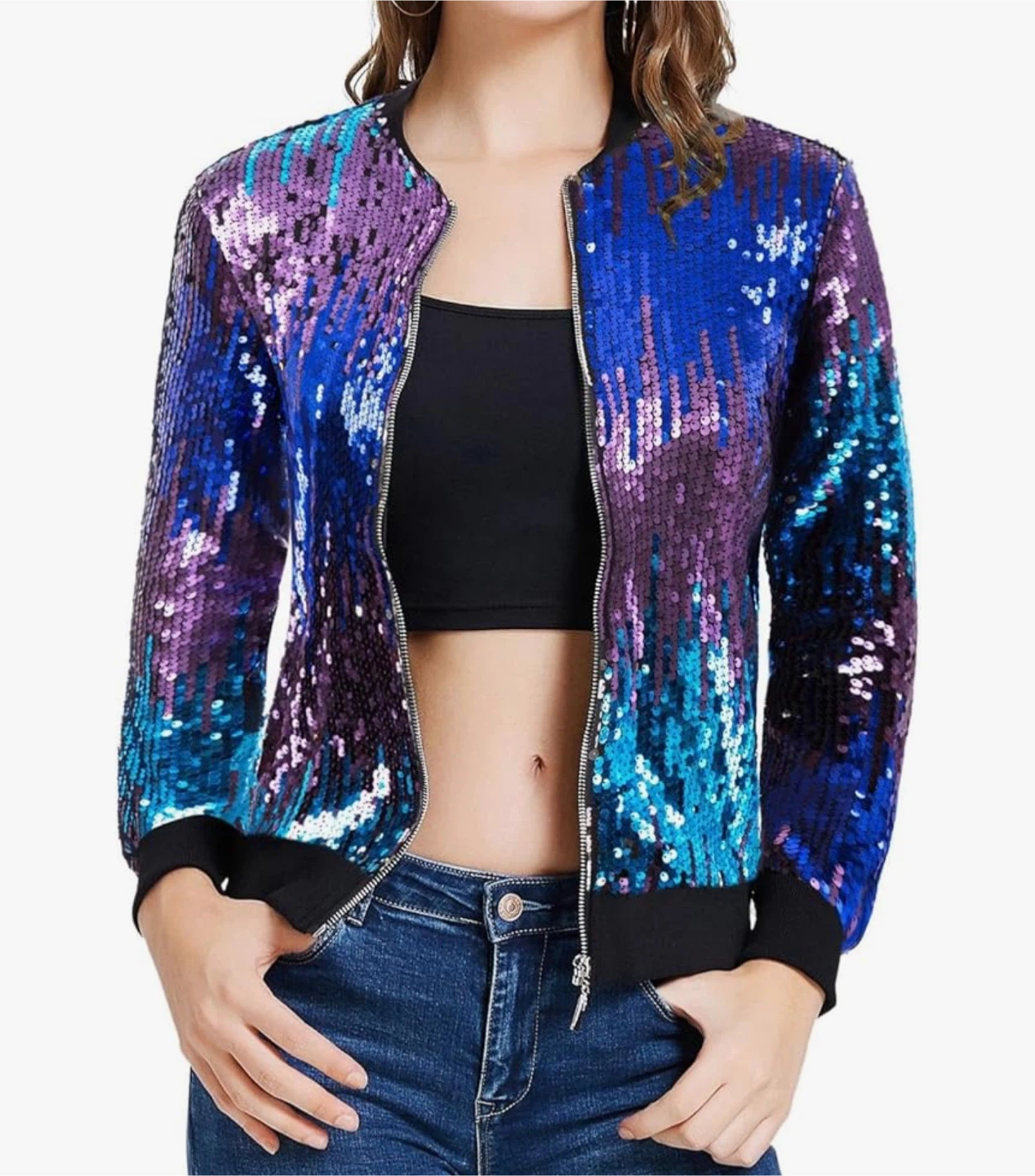 Women's Sparkly Sequin Bomber Jacket