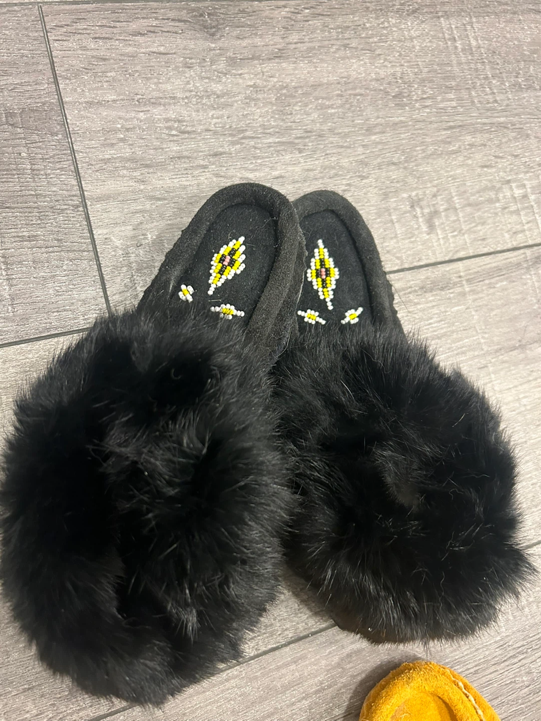 Black Moccasins with Fur Trim and Beaded Design