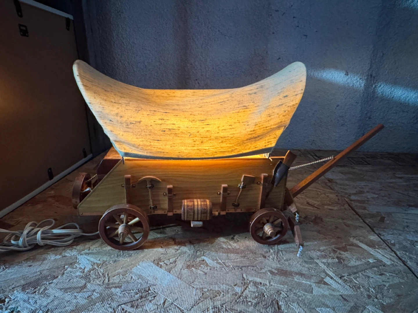 Vintage Covered Wagon Table Lamp with Dolls and Boots