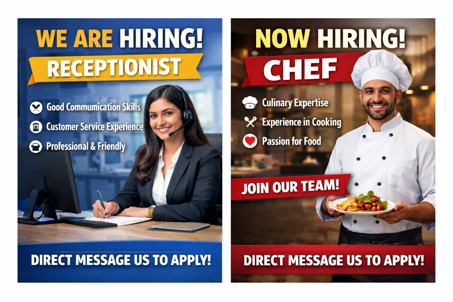 Hiring: Receptionist / Chef Positions Available
