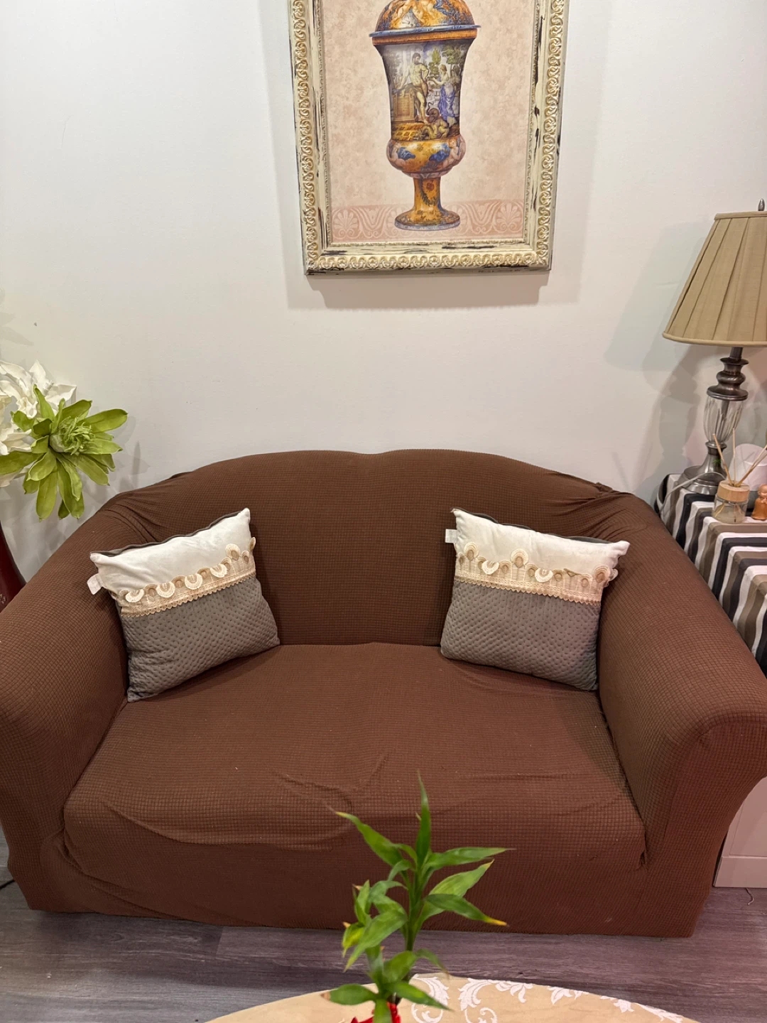 Love seat Brown Couch Cover with Textured Pattern