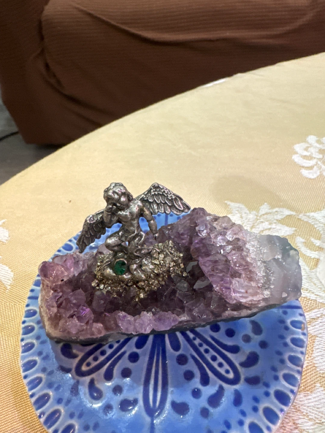3set of Amethyst Geode Crystal Cluster with Metal Figurine