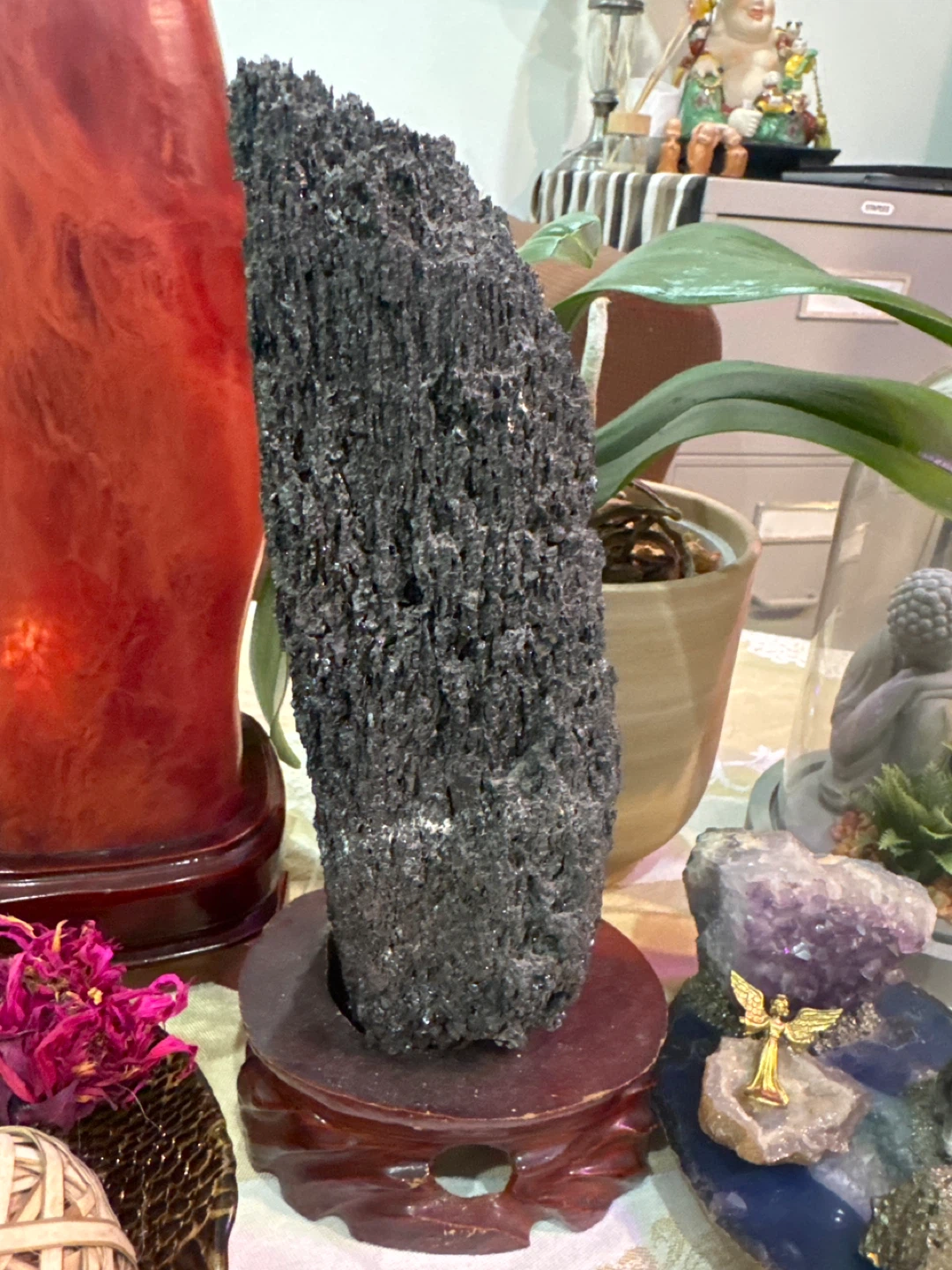 Black Crystal Cluster on Wooden Stand