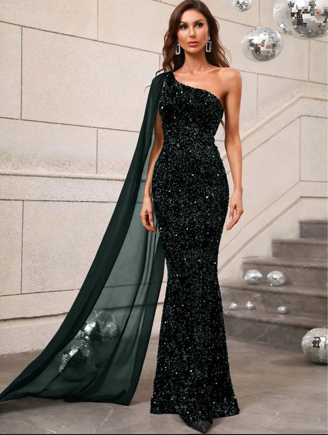 Black Sequin One-Shoulder Gown with Drape