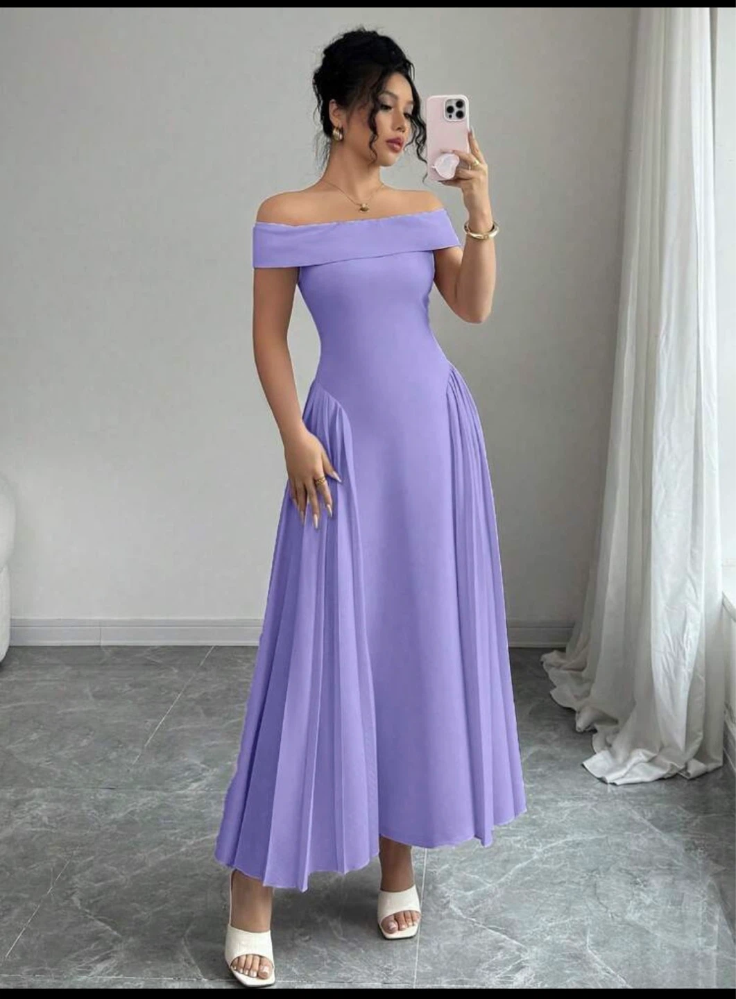 Off-the-shoulder Pleated Maxi Dress - Lavender