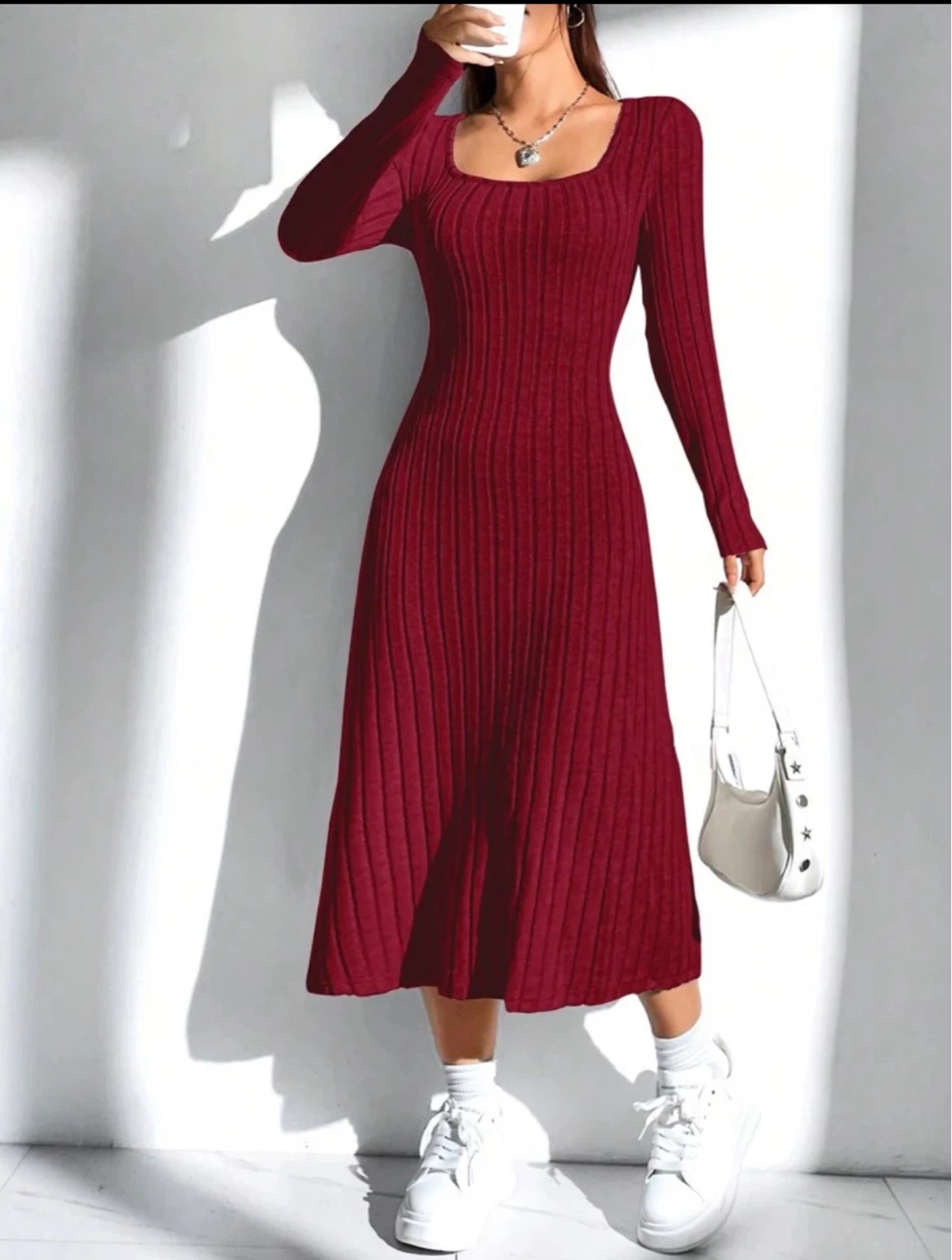 Ribbed Knit Square Neck Midi Dress