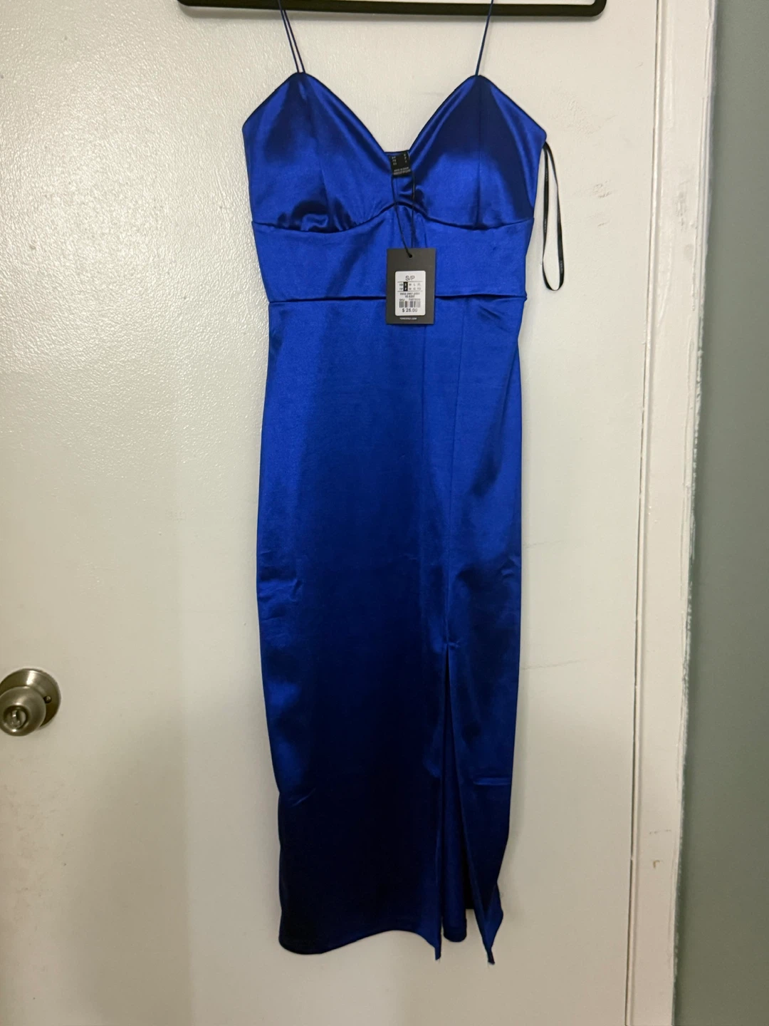 Blue Satin Midi Dress with Slit