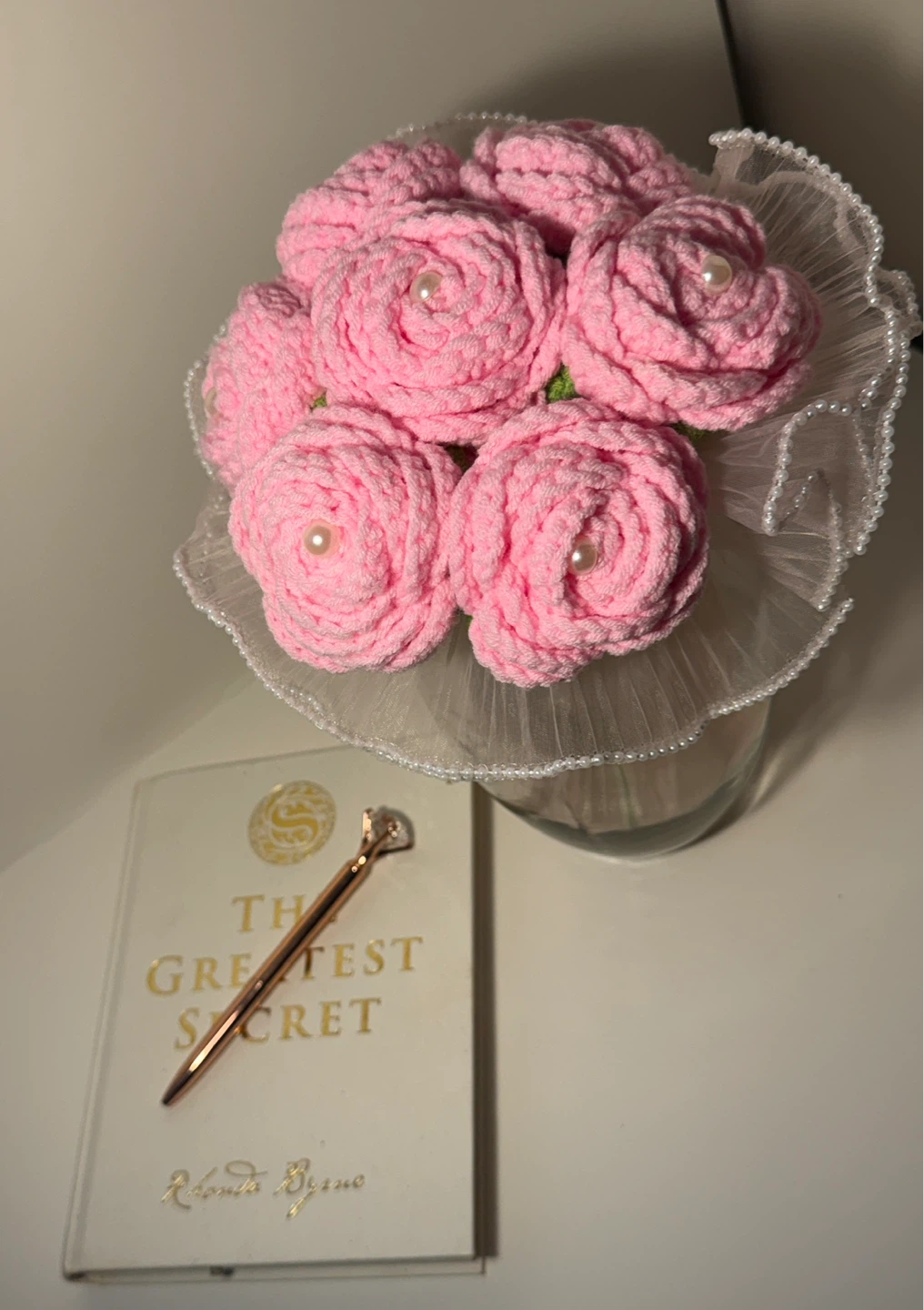 Crocheted Pink Rose Bouquet with Pearl Accents