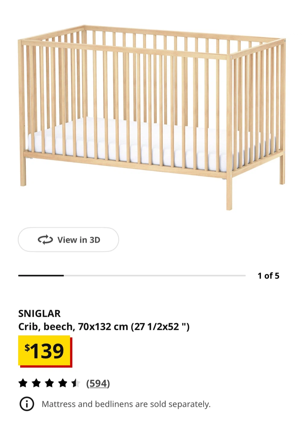 IKEA SNIGLAR Crib, Beech, 70x132 cm