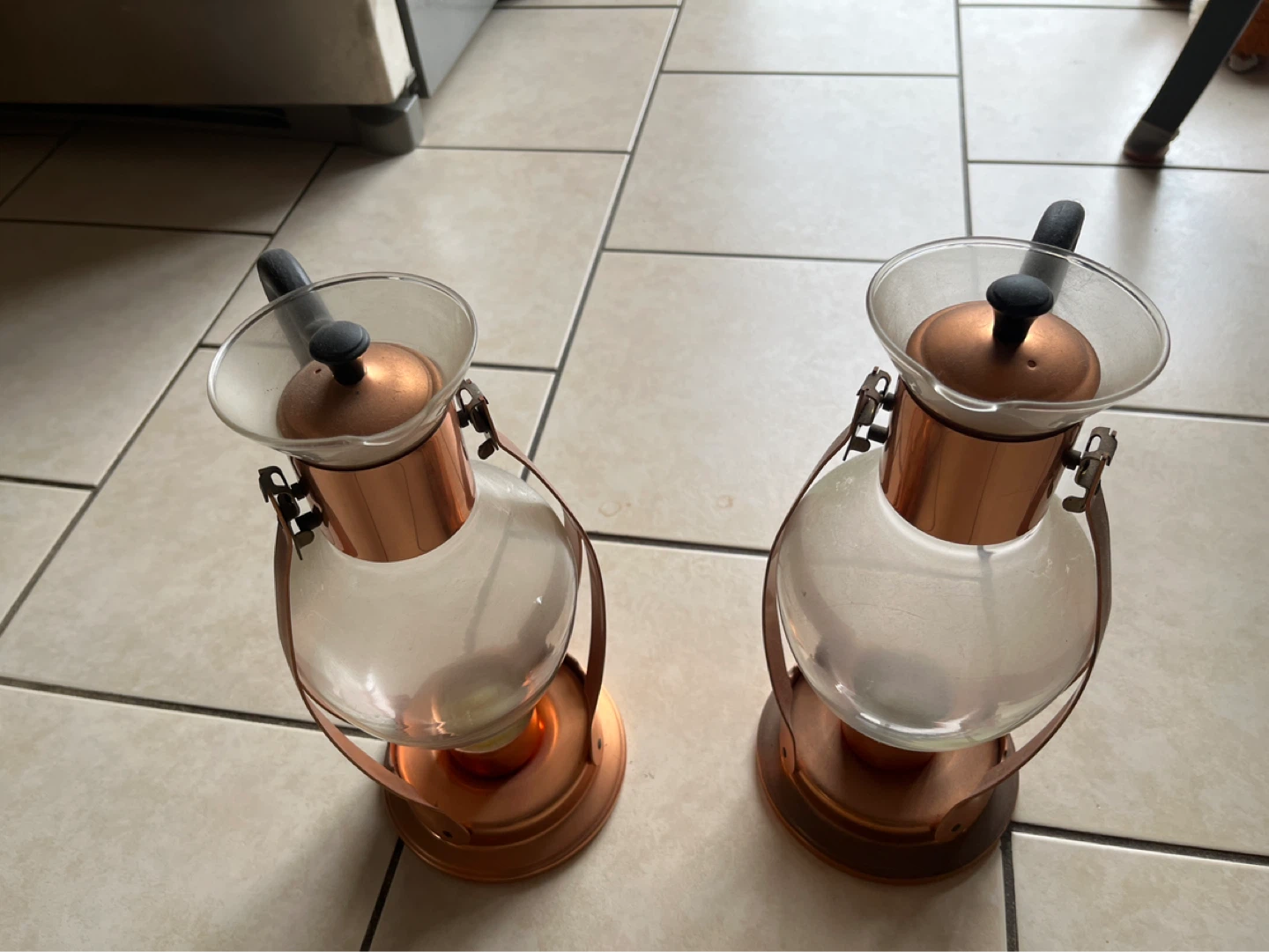 Pair of Copper and Glass Carafe Sets