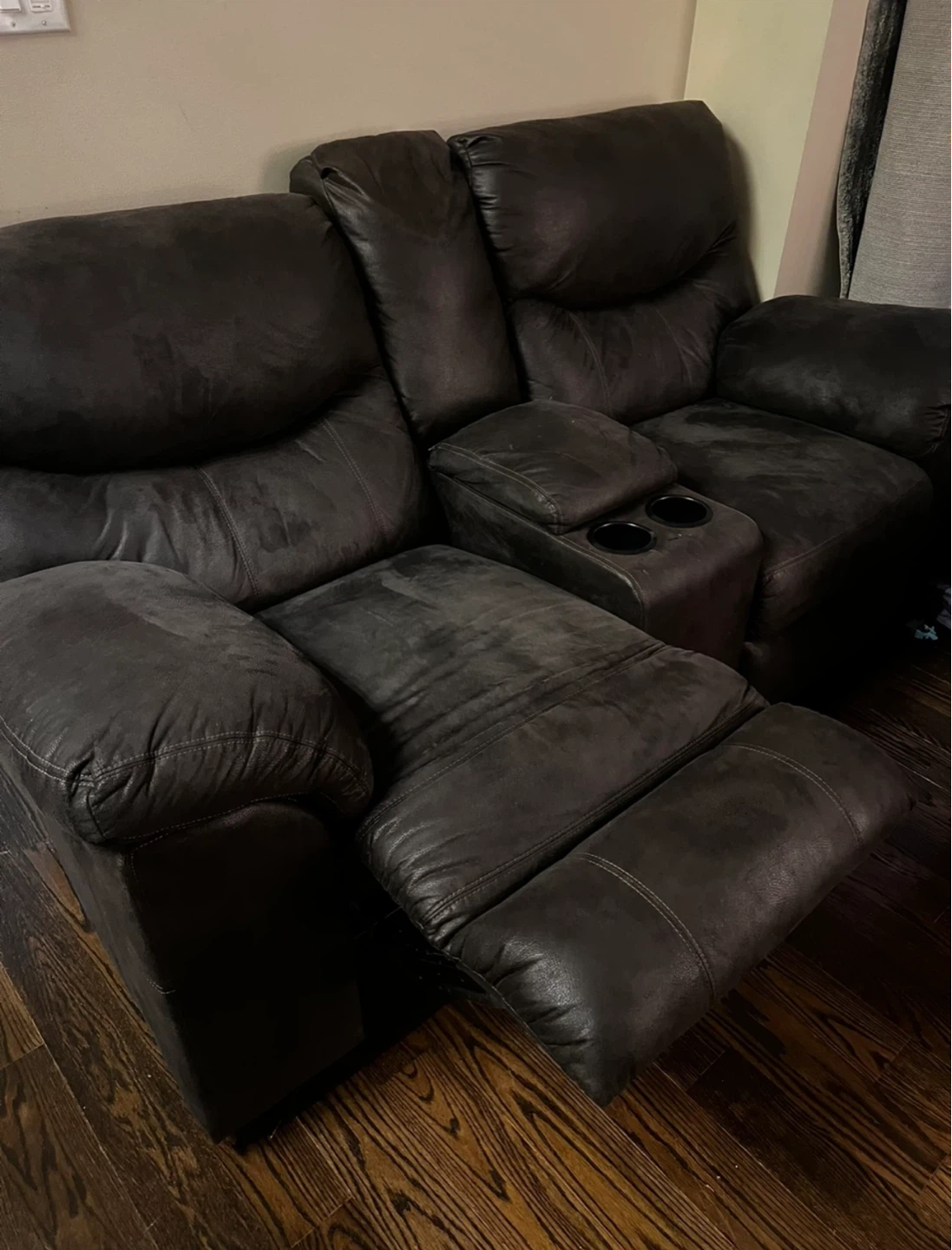 Dark Brown Reclining Sofa & Loveseat with Cup Holders