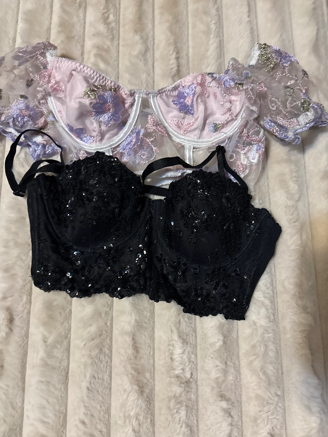 Black Sequin Corset Bra and Pink Floral Mesh Bustier Top