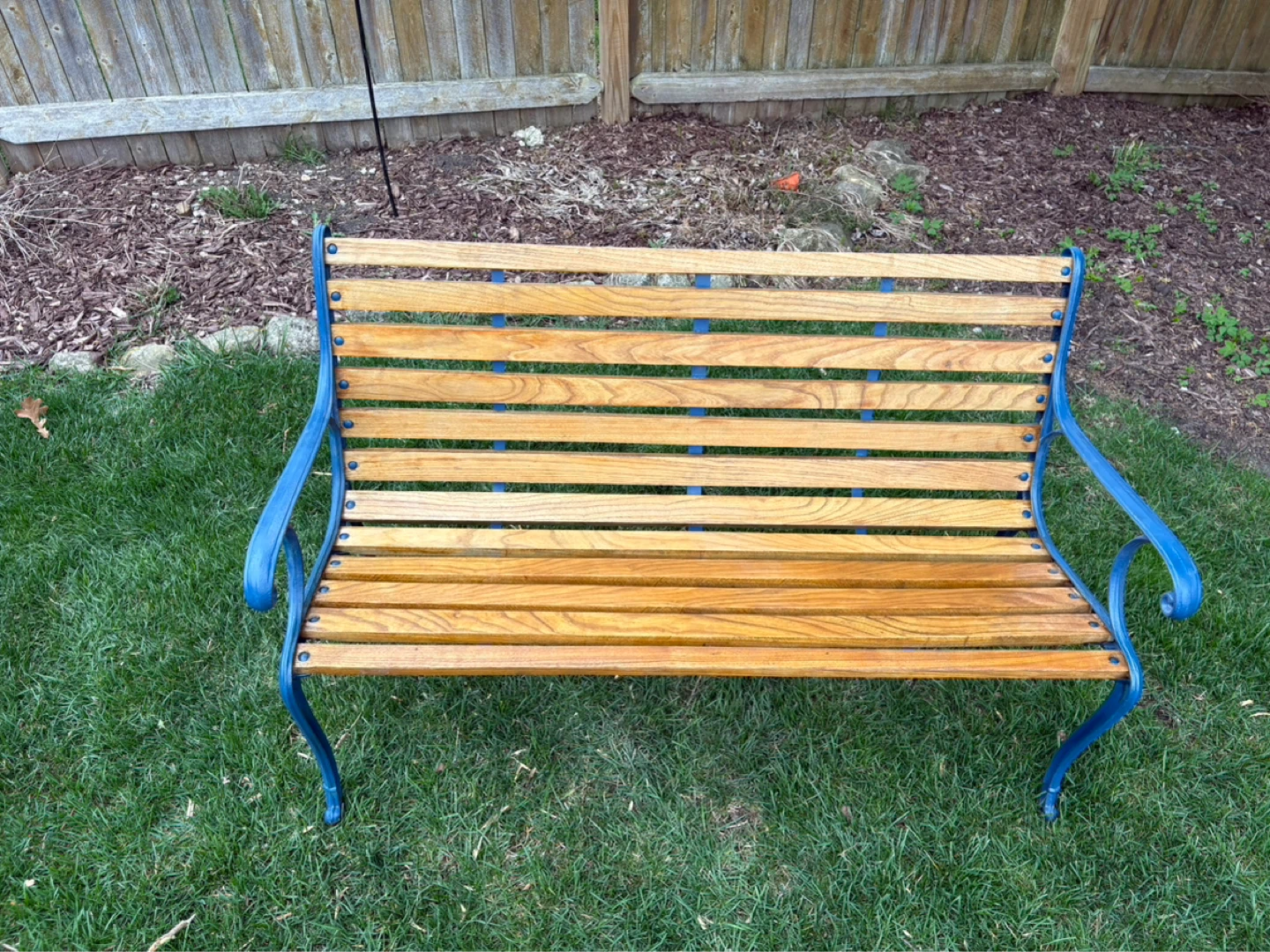 Wooden Slat Park Bench with Blue Metal Frame - photo 2