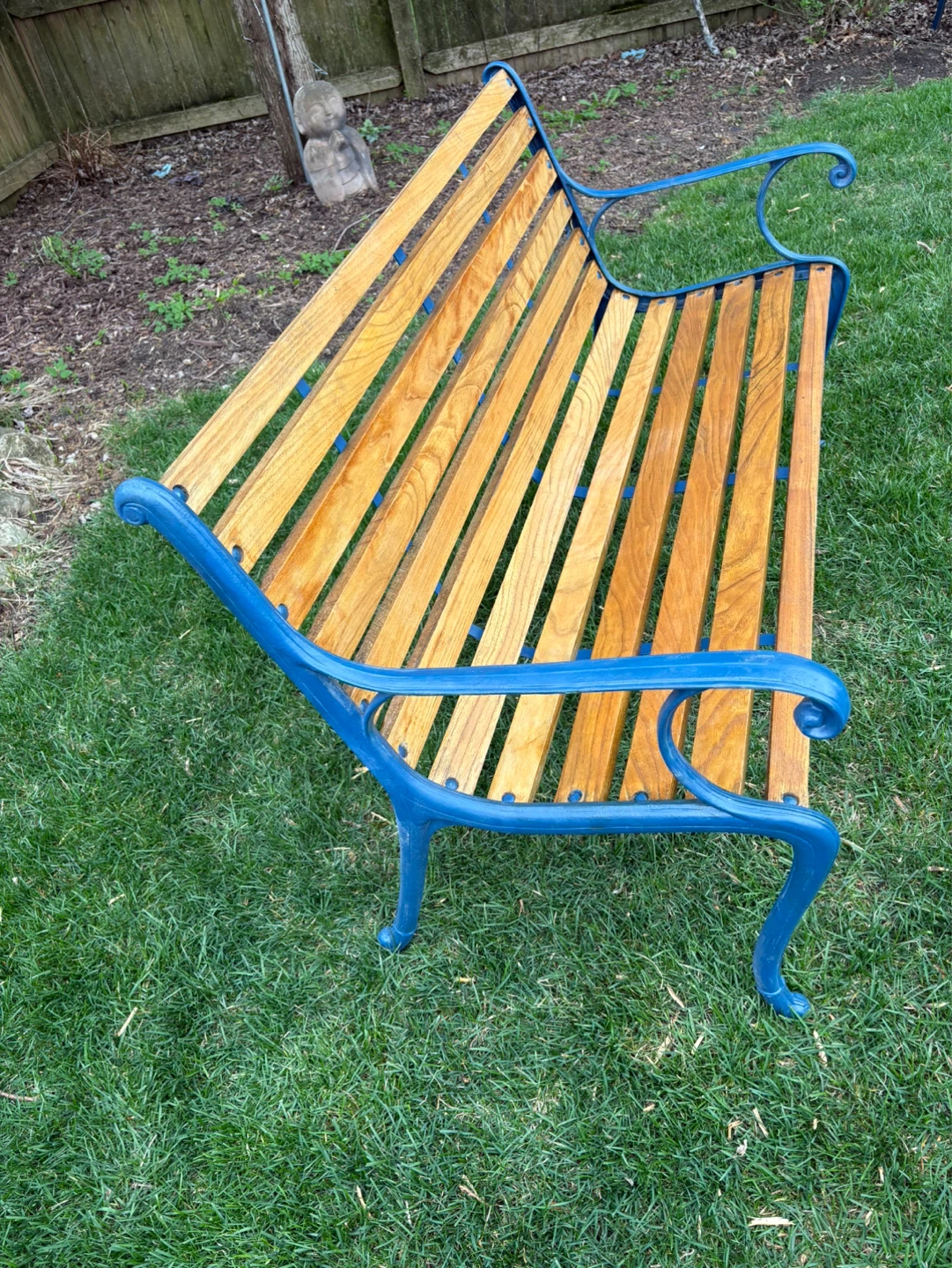 Wooden Slat Park Bench with Blue Metal Frame