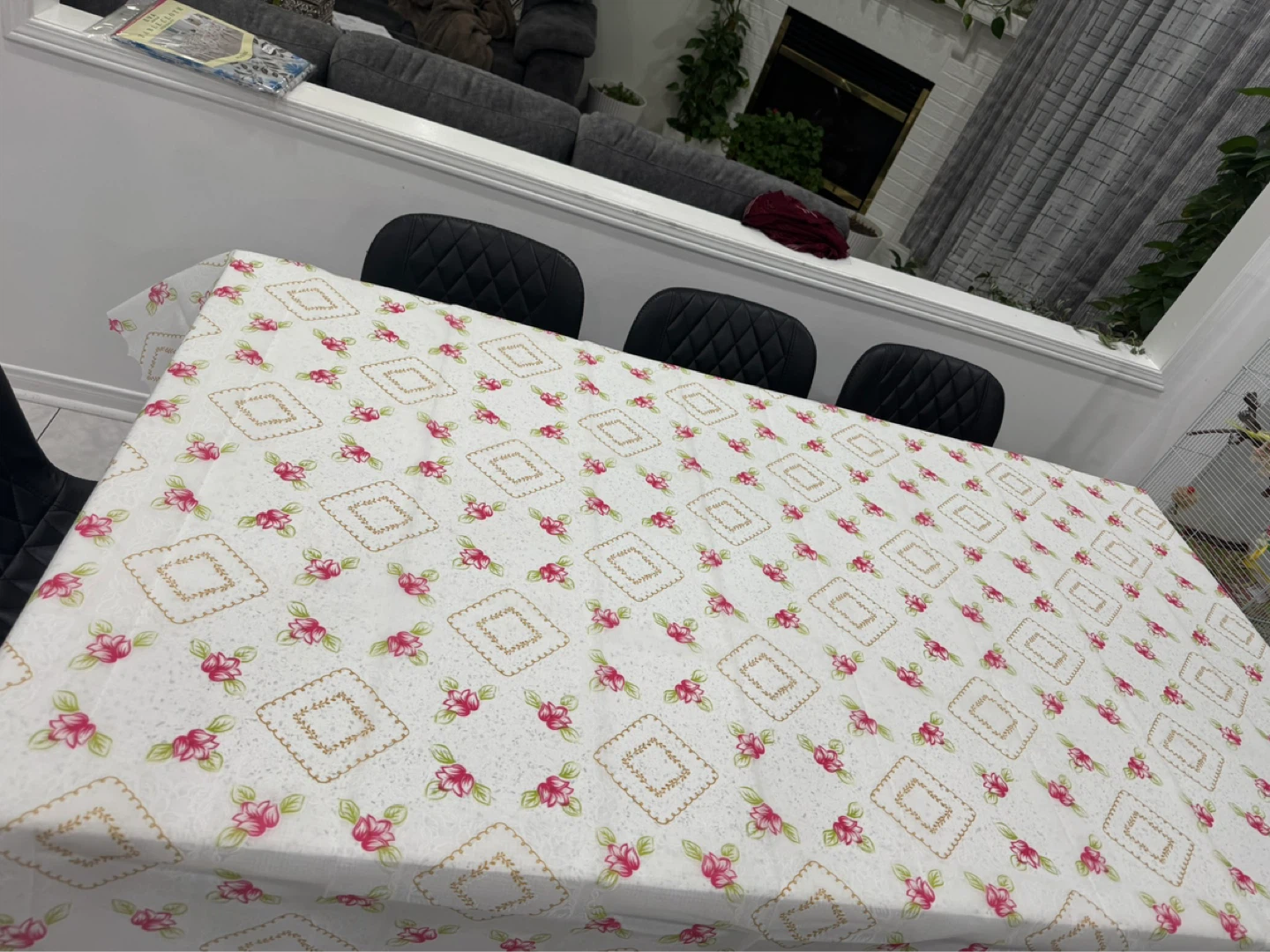 White floral print tablecloth