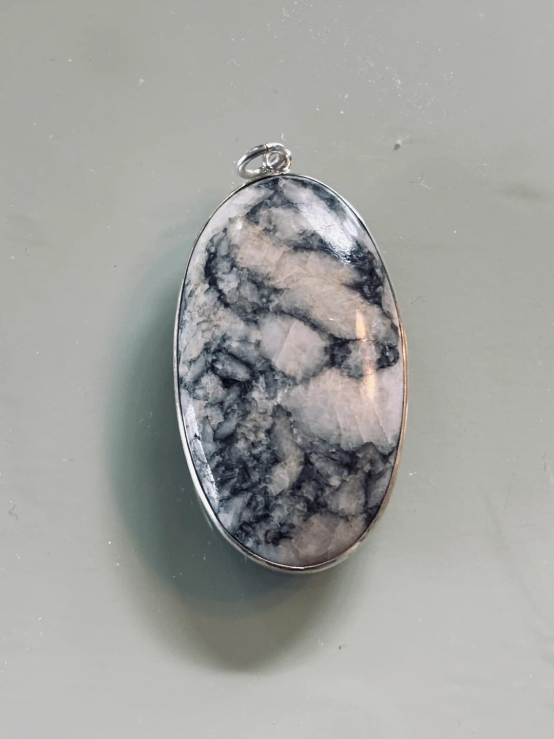 Sterling Silver Oval  Pinolite  Gemstone Pendant Necklace - photo 2