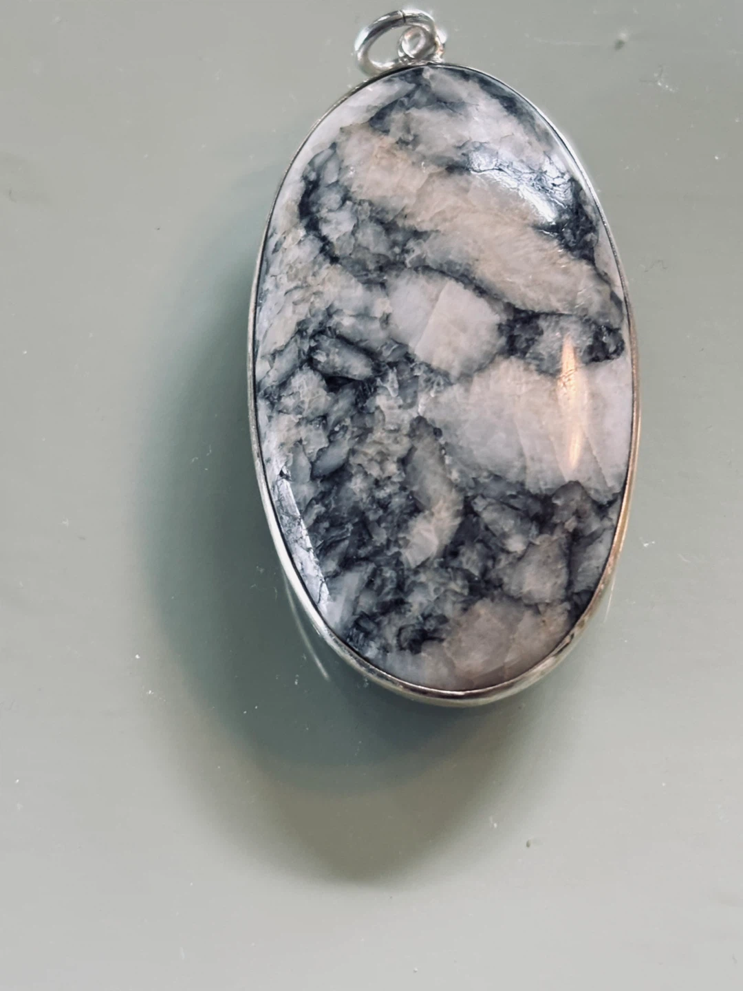 Sterling Silver Oval  Pinolite  Gemstone Pendant Necklace