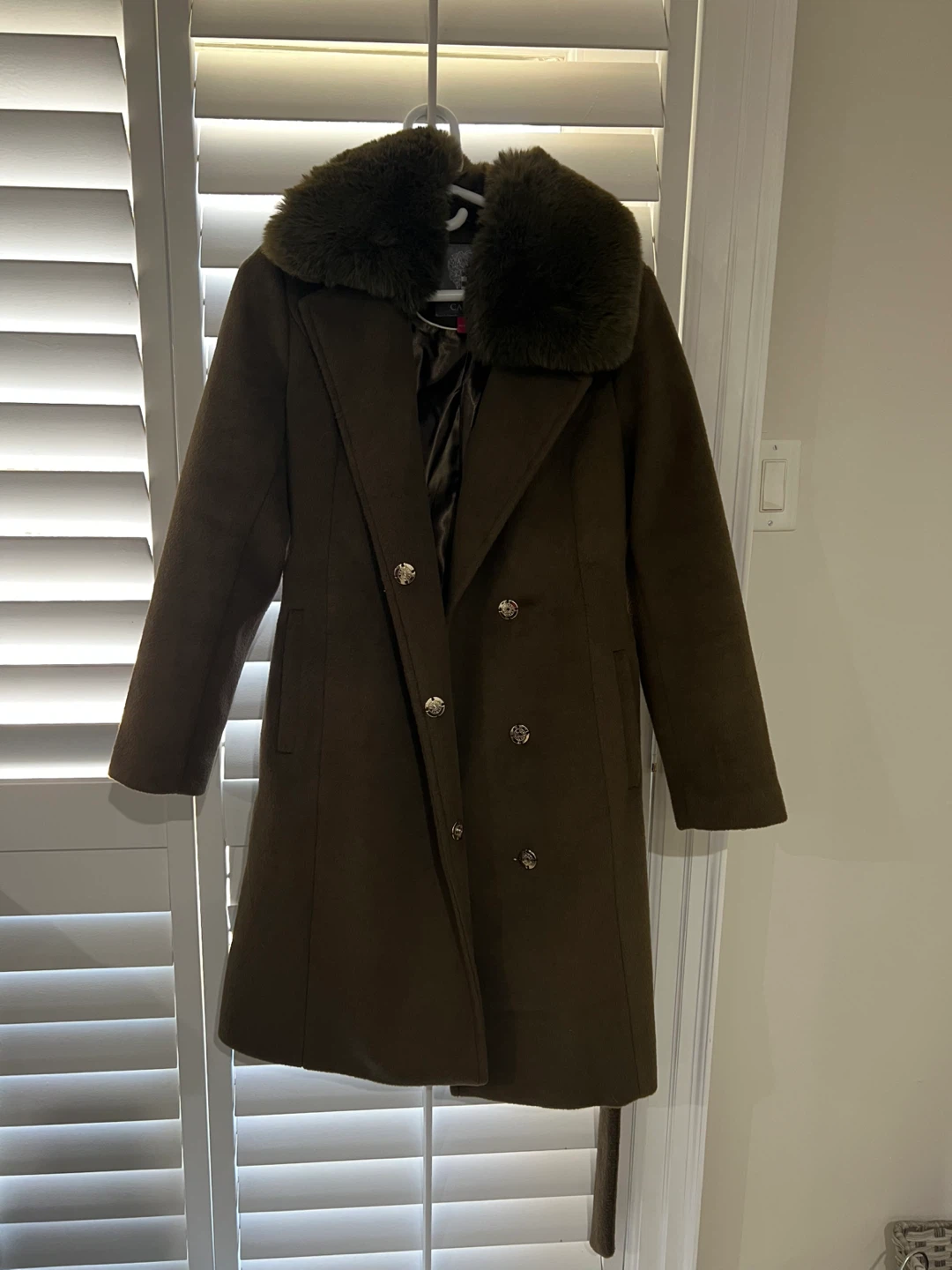 MICHAEL KORS Women's Green Faux Fur Collar Wool Blend Coat