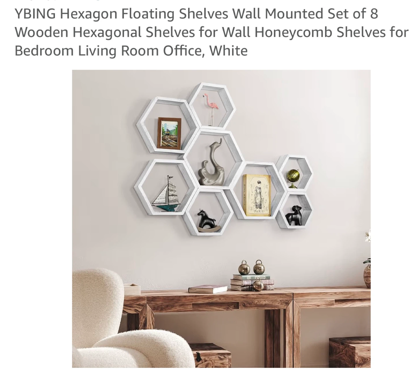YBING Hexagon Floating Shelves - Set of 8 White Wooden - photo 2