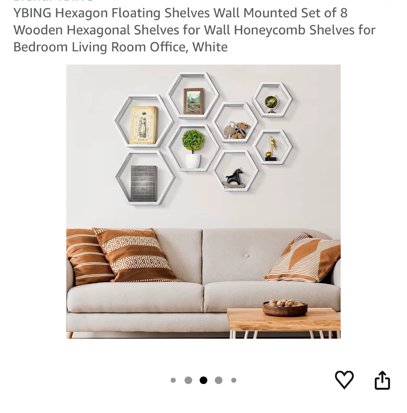 YBING Hexagon Floating Shelves - Set of 8 White Wooden
