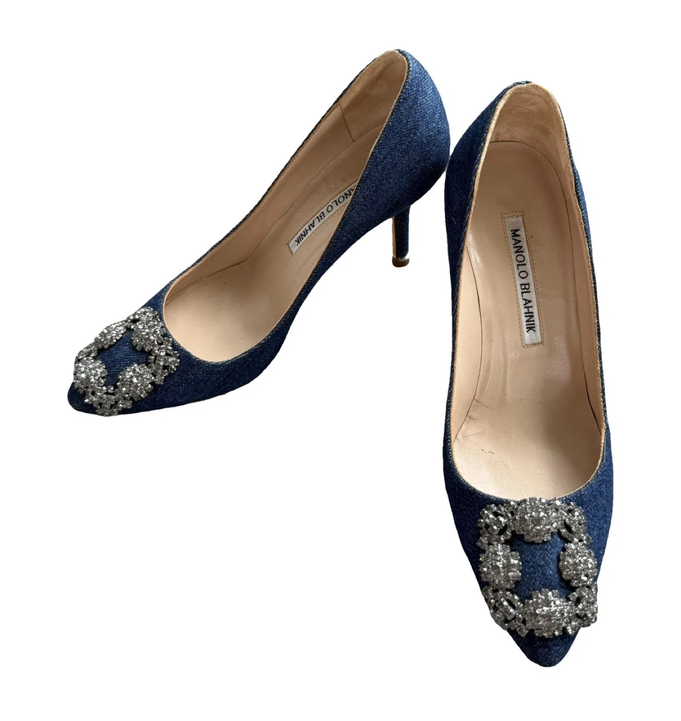 Authentic Manolo Blahnik Denim Crystal Buckle Heels - Size 35.5