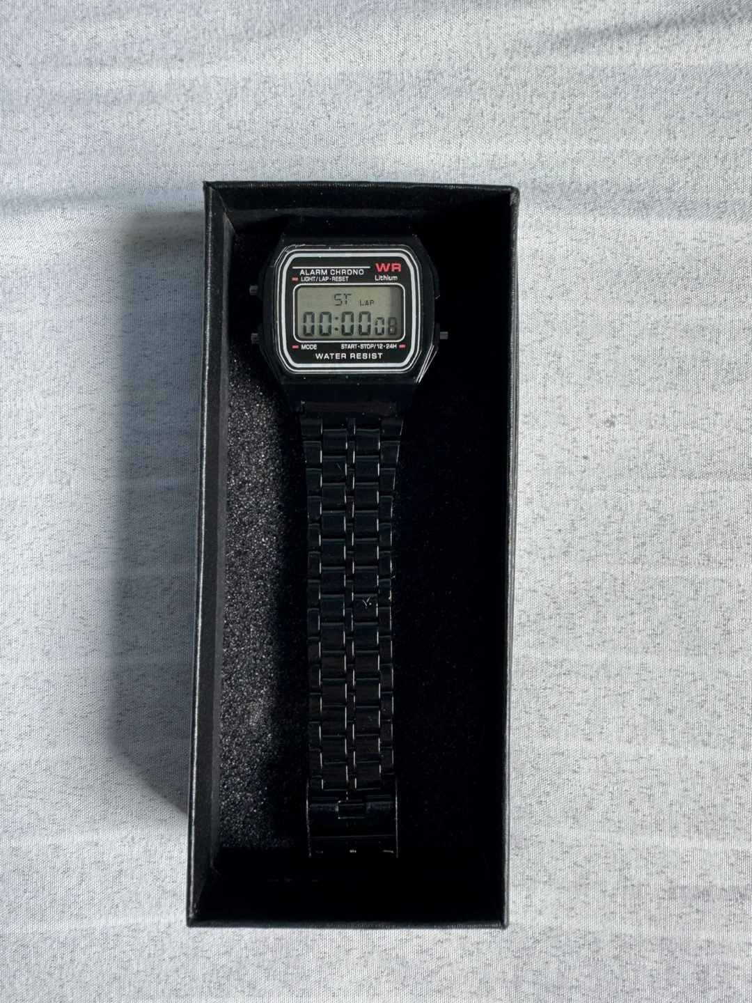 Black Digital Retro Watch – Alarm Chrono, Water Resistant