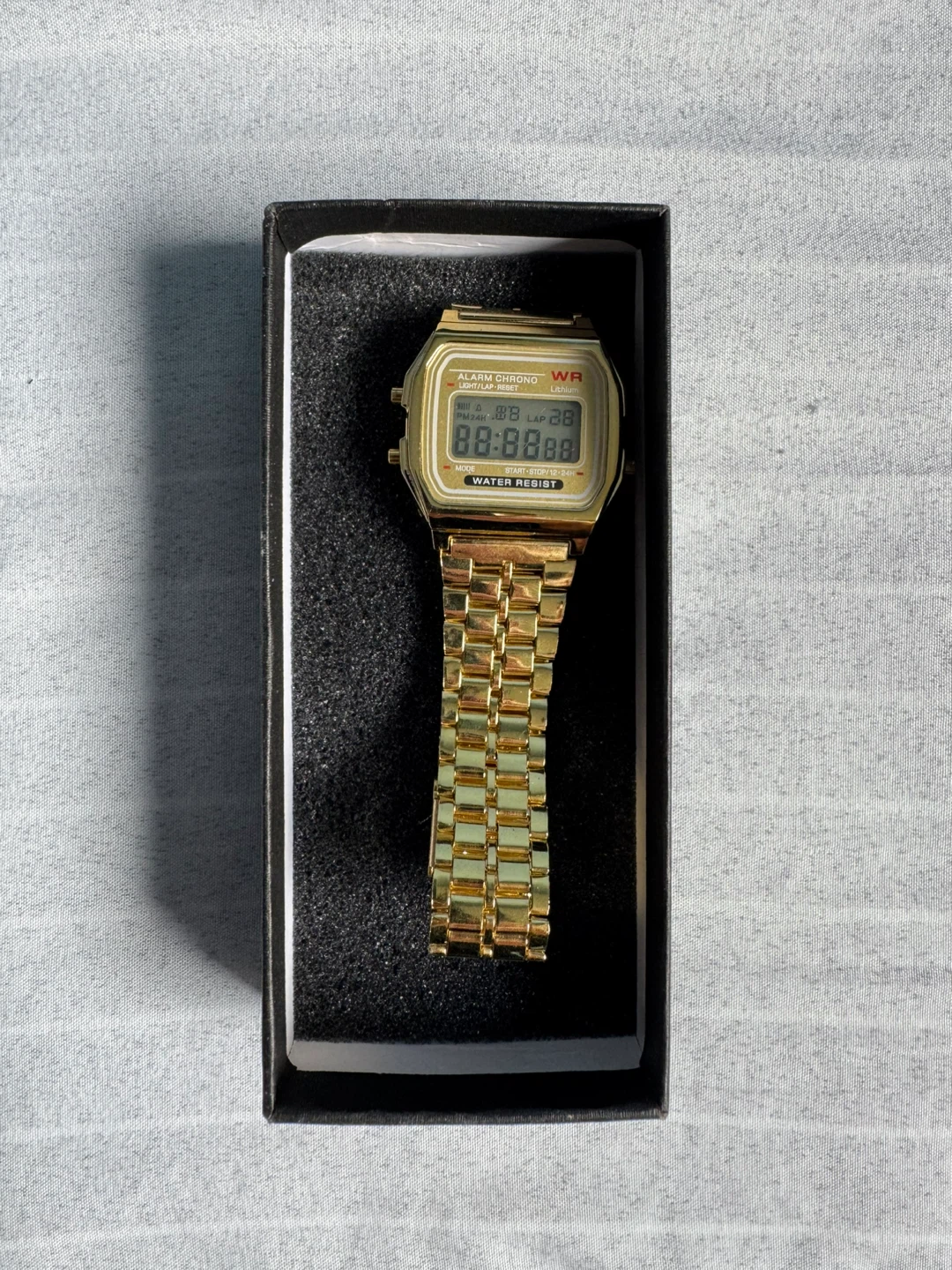 Gold Digital Retro Watch – Alarm Chrono, Water Resistant
