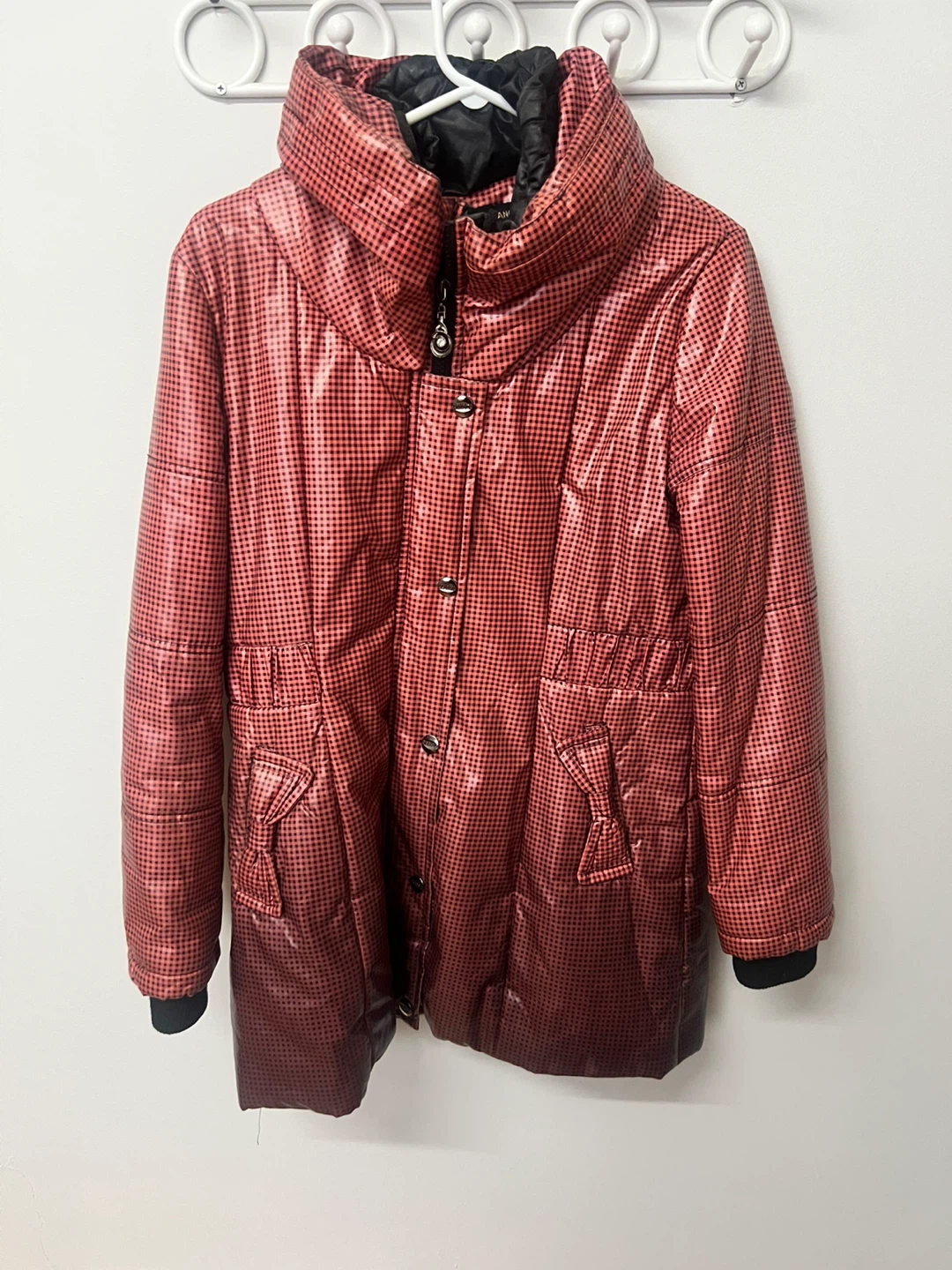 Pink Ombre Puffer Coat with Black Checkered Pattern