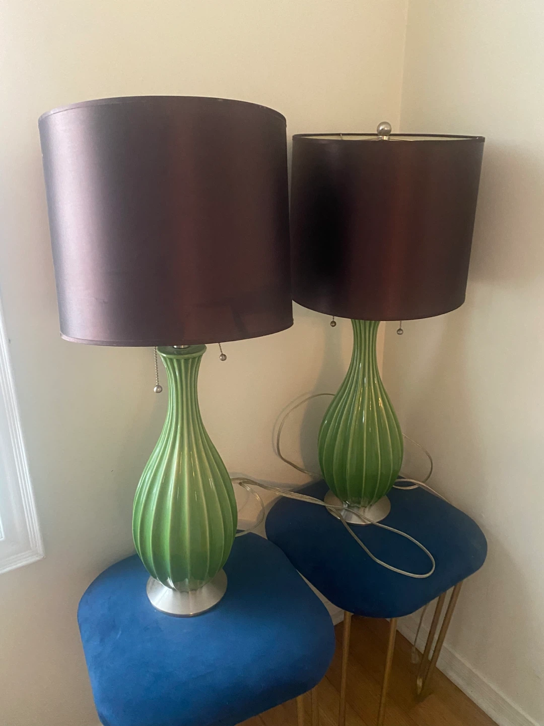 Pair of Green Ceramic Table Lamps with Dark Brown Shades