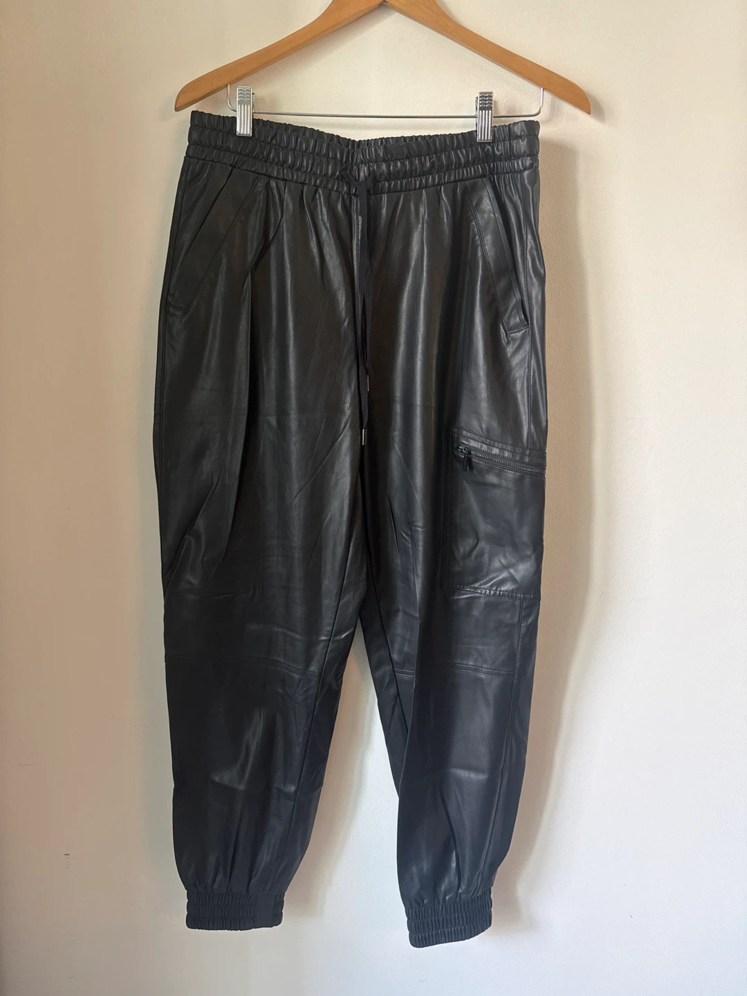 Black Faux Leather Cargo Joggers