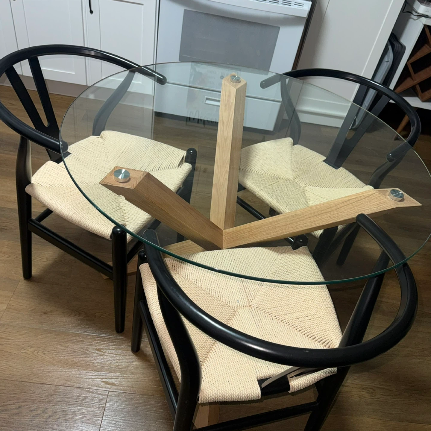 Poly & Bark Round Glass Dining Table + Weave Dining Chairs - photo 3