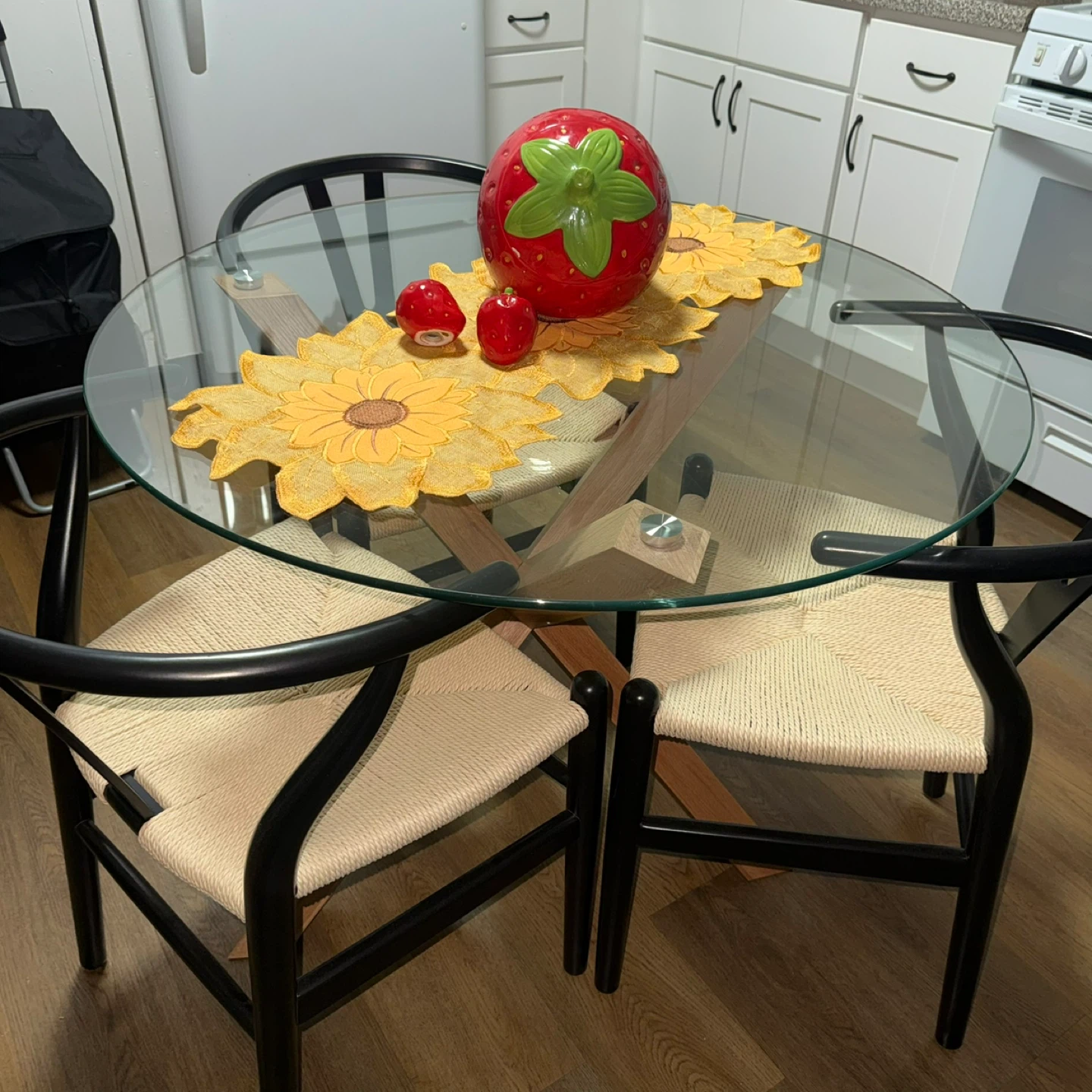 Poly & Bark Round Glass Dining Table + Weave Dining Chairs