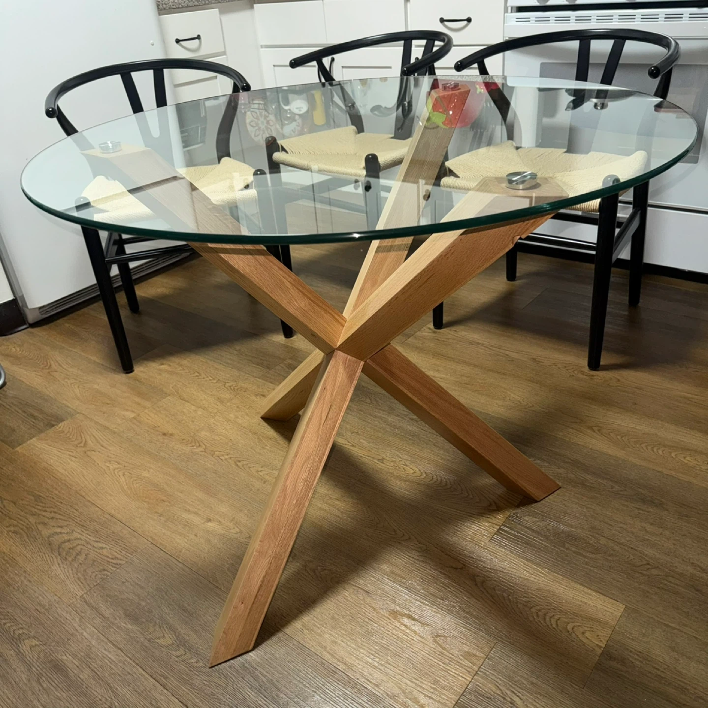 Poly & Bark Round Glass Dining Table + Weave Dining Chairs - photo 2
